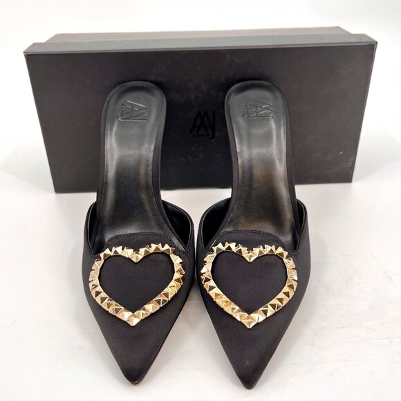 AAJ by Aminah Aviva Heart Mule Pumps Size 8M Black Microfiber Fabric Pointed Toe - Picture 1 of 16